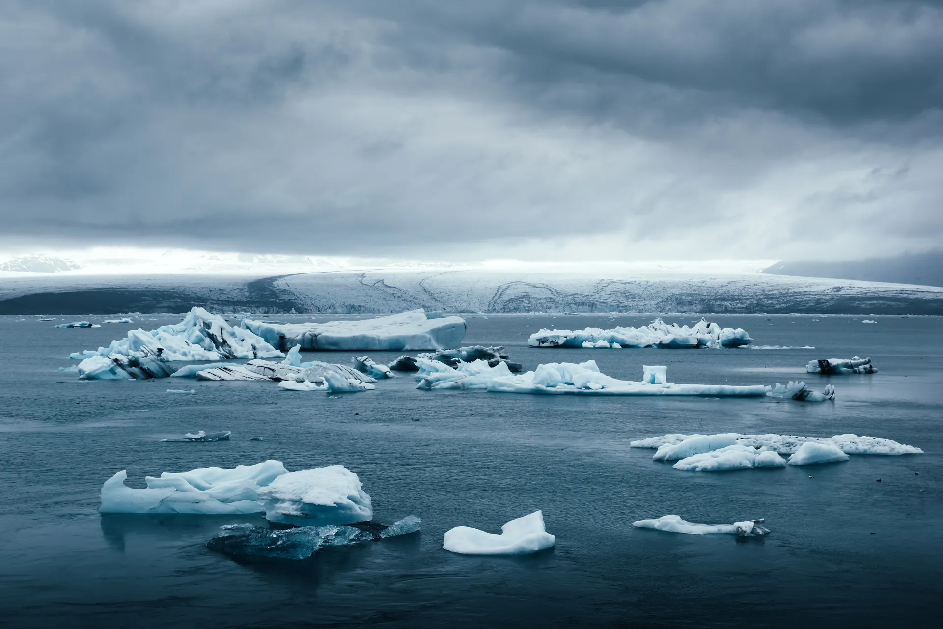Iceberg alla deriva nella laguna glaciale, con la lingua del ghiacciaio sullo sfondo